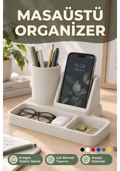 Masaüstü Organizer Telefon Standı Kalemlik Çok Amaçlı Masa Düzenleyici Beyaz