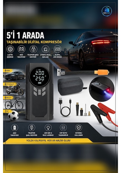 Araç Kompresörü 4 İn 1 Akü Takviyeli 12v Dijital Ekranlı Lastik Ş