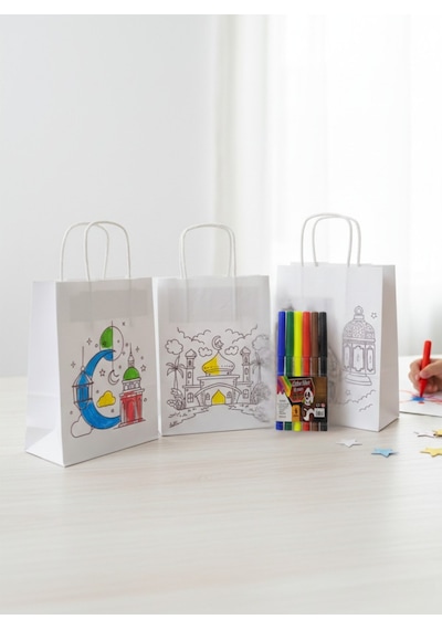 Ramazan Temalı 6lı Boyanabilir Hediye Çanta Ve 6 Renk Keçeli Kalem Seti, 8x18x23cm, 3 Desen-12 Parça