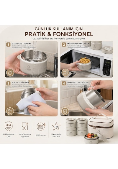 Lunch Box Isı Yalıtımlı Yemek Termosu Seti Paslanmaz Çelik Çantalı 304 Çelik Tse Belgeli Bej