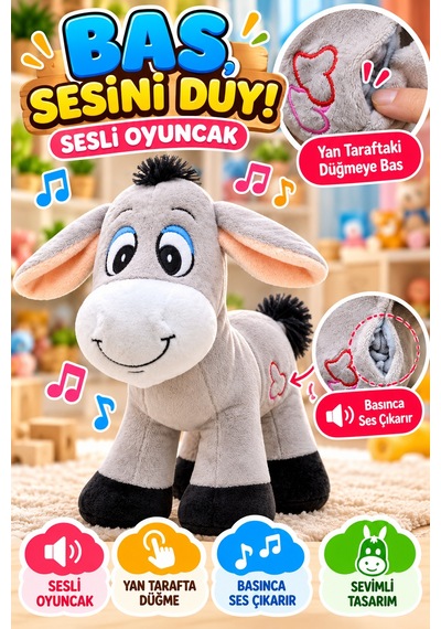 Karma Peluş Eşek Sesli Oyuncak 28 Cm Yumuşak Dolgulu Sevimli Çocuk Oyun Arkadaşı Peluş Oyuncak Model Gri
