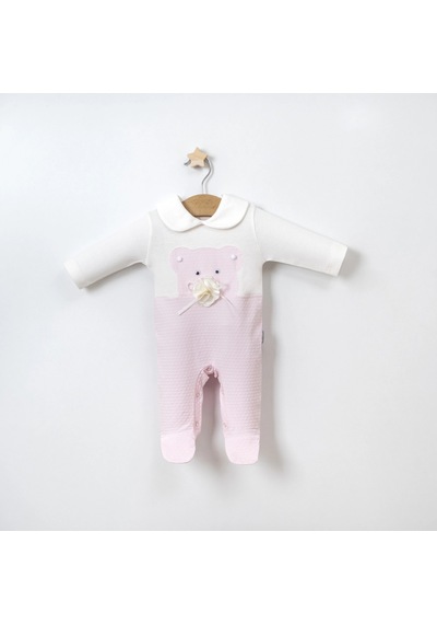 Lamato Baby Puantiyeli Gül Ayıcık Aksesuarlı Bebe Yakalı Kız Tulum Pembe