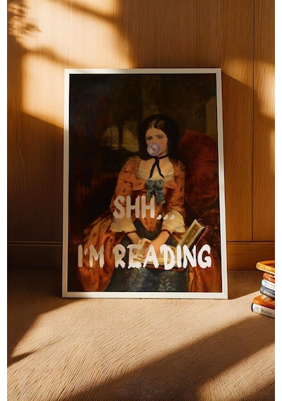 Saturn Shh I'm Reading Çerçeveli Tablo Klasik Portre Kitap Okuyan Kadın Kütüphane Ve Çalışma Odası Dekoru Altered Art
