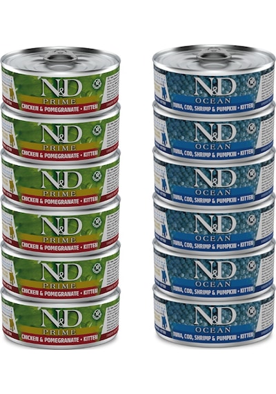 N&D Tavuklu ve Narlı Konserve Yavru Kedi Maması 6 x 70 G + N&D Morina Balıklı Karidesli Balkabaklı Konserve Yavru Kedi Maması 6 x 70 G