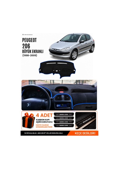 Peugeot 206 Büyük Ekranlı 1998-2009 Uyumlu Torpido Örtüsü, Torpido Kılıfı - Siyah Mavi