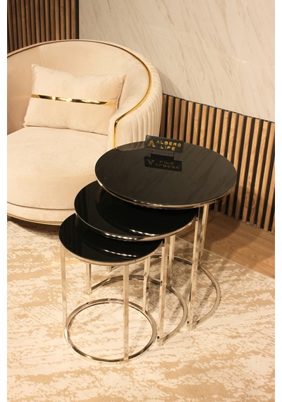 Vedat Bebe Gümüş Zigon Sehpa Siyah Kırılmaz Ayna Camlı Siyah