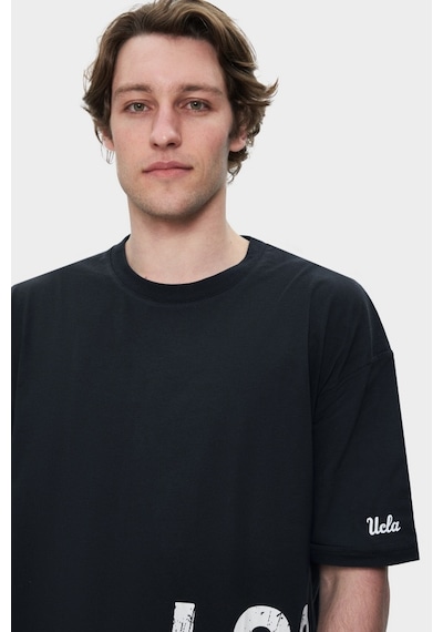 Ucla Ignıso Siyah Bisiklet Yaka Baskılı Oversize Erkek Tshirt SIYAH