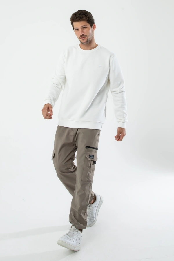 Yxc Trend Maker Erkek Pamuklu Içi Polarlı Nakışlı Relaxed Erkek Sweatshirt Tek Üst Beyaz