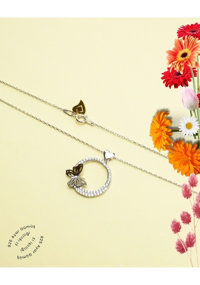 Brezza Lusso Jewelry  Dia Serisi Işıltılı Yüreğime Konan Sevgi Kelebeği Gümüş Kolye 45 CM 45 CM