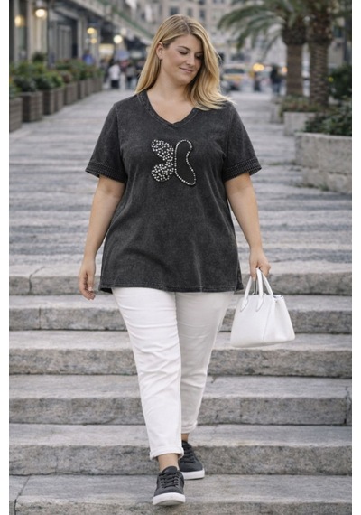 Cedy Denim Cedy - Kadın Özel Tasarım Esnek, Pul Payet, Dantel Detaylı Yıkamalı V Yaka Büyük Beden Tişört Antrasit Cedy Denim Cedy - Kadın Özel Tasarım Esnek, Pul Payet, Dantel Detaylı Yıkamalı V Yaka Büyük Beden Tişört Antrasit