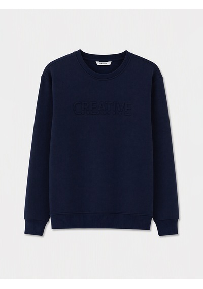 Lcw Vision Lacivert Bisiklet Yaka Baskılı Erkek Kalın Sweatshirt