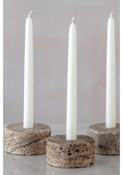 Traverten Mermer Şamdan Mumluk 3lü Set Silver Dark Çok Renkli