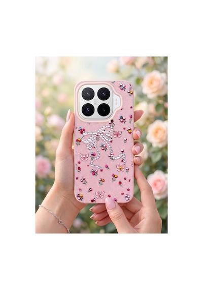 Xiaomi 17t Taşlı Desenli Fiyonk Silikon Kılıf Pembe