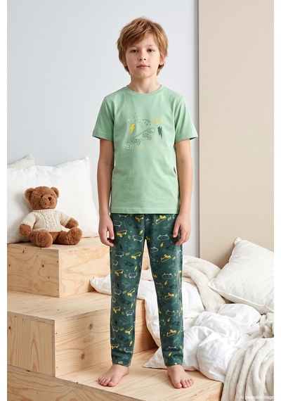 Aydoğan Desenli Erkek Çocuk Önü Düğmeli Süprem Pamuklu Pijama Takımı 260377 Yeşil