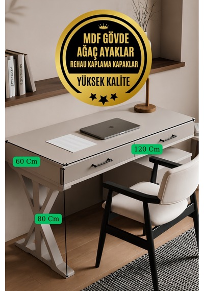 Deniz Çalışma Masası Vizon Renk Mdf Gövde Rehau Kapak Gürgen Ağacı Ayaklı Diğer