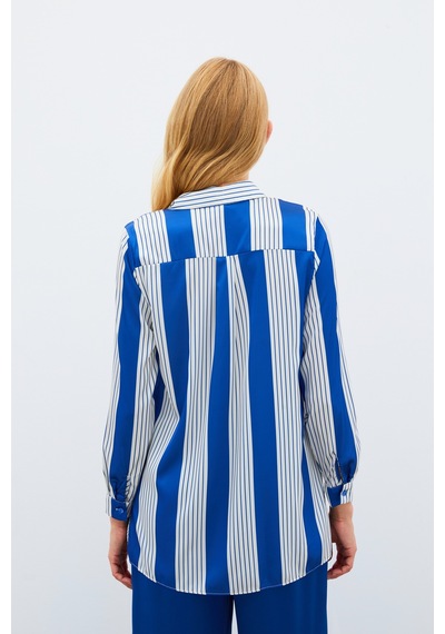 Sateen Çizgi Desenli Gömlek - Saks Mavisi-134967 Saks Mavisi Saks