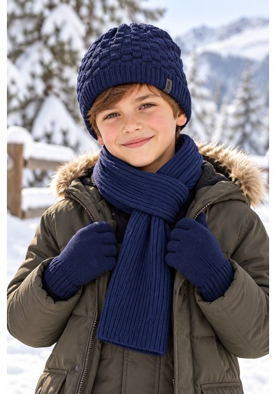 Miniko Kids Kitti 26180-12 Erkek 9-15 Yaş Atkı Bere Eldiven Set Lacivert