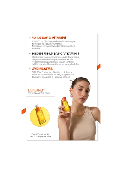 %14.5 Saf C Vitamini & Glutatyon Leke & Kırışıklık Karşıtı Yoğun Aydınlatıcı Ton Eşitleyici Ampül 15 Ml