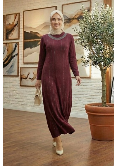 Hb Harma Time Butik Kadın Bordo Kristal Kumaş Taş Detaylı Uzun Tesettür Elbise
