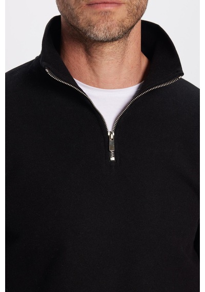 Tudors Unisex Relax Fit Rahat Kesim Pamuklu Yarım Fermuarlı Siyah Dik Yaka Sweatshirt-31973 Siyah