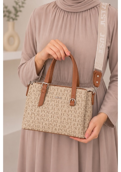 Just Polo Kadın Orta Boy Premium Deri Ayarlanabilir Askılı 3 Bölmeli Şık El & Omuz Çantası Shoulder Bag Kum - Taba