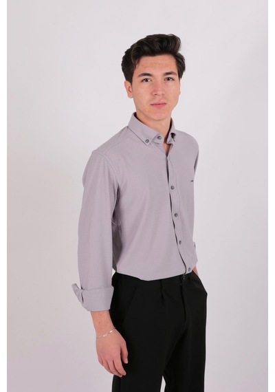 Twın Lıon Twin Lıon 408 Slimfit Örme Armürlü Düz Gömlek Gri