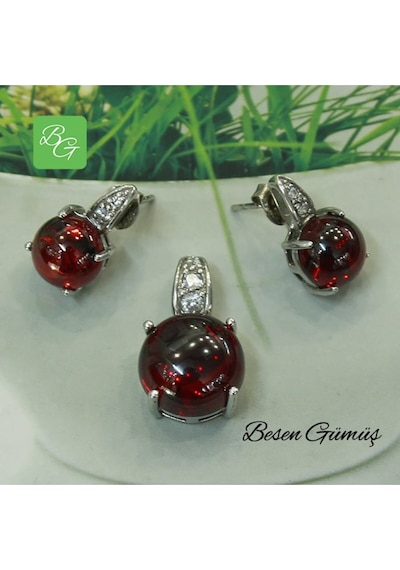 Kırmızı Bombeli Taşlı Set Rose Gold - Gümüş