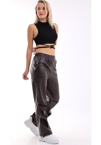 Winmoda34 Kadın Paçası Ayarlanabilir Cebi Kapaklı Yüksek Bel Deri Pantolon Acıkahve Winmoda34 Kadın Paçası Ayarlanabilir Cebi Kapaklı Yüksek Bel Deri Pantolon Acıkahve