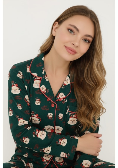 Luxury Soft Yeşil Noel Baba Desenli Uzun Kollu Kadın Pijama Takımı 3023 Turkuaz