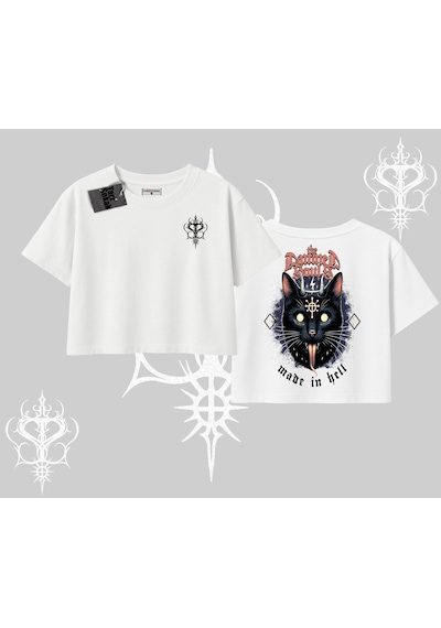 Startmore Startmore Gothic Cat Made İn Hell Baskılı Sweatshirt Oversize Crop Tshirt Beyaz
