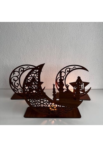 3'lü Dekor Tealight Mumluk Ceviz Ramazan Ayına Özel Açık Ahşap