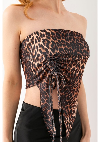 Giysa Kadın Büzgülü Asimetrik Kesim Straplez Bluz Leopar - 2453 LEOPAR