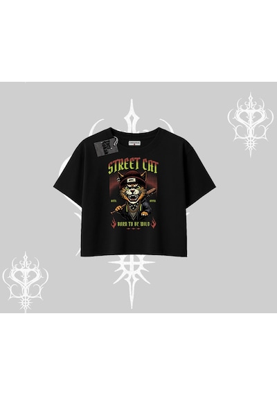 Tarzsokak Street Cat Kedi Baskılı Oversize Crop Tshirt Siyah