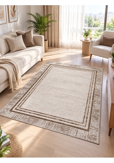 Saten Halı Modern Kaymaz Tabanlı Yıkanabilir Salon Oturma Odası Halısı Baklava Çerçeve Çizgi Desen Kahverengi
