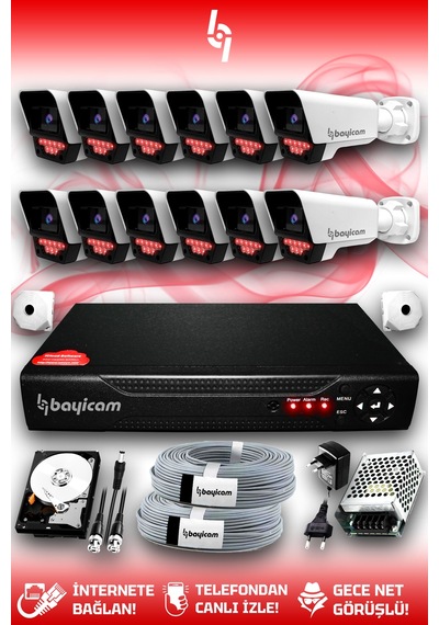 Bayicam 12 Kameralı Süper 12 Dış Kamera Set 100 GB 5 MP 2K Net Gece Görüşlü Güvenlik Kamerası Sistemi