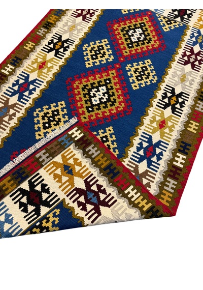 El Dokuma Sıfır Yahyalı Kilimi 110x200 Kök Boya Mavi Kahve %100 Yün Kilim Renkli
