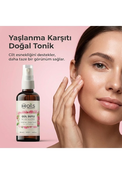 Saf Gül Suyu - 100% Pure Rose Water 100 Ml - Doğal Gül Mayası Hidrolatı - Canlandırıcı Ve Nemlendirici Yüz Toniği Cam Şişe Ve Sprey