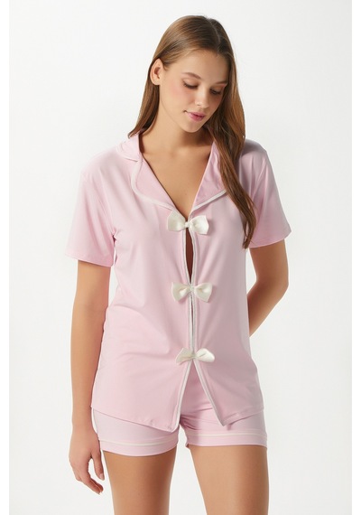Ritnice Kadın Violet Pembe Şortlu Fiyonklu Alt Üst Pijama Takımı