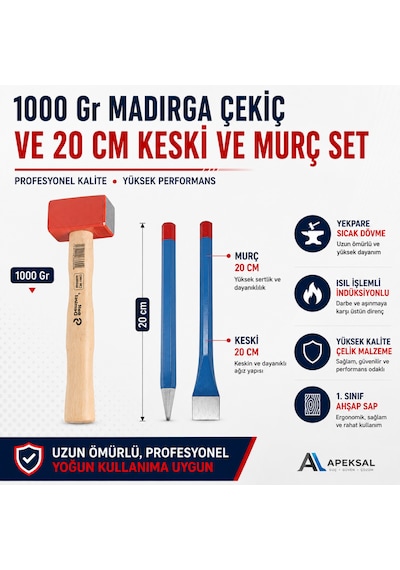 Sait Demirci Çelik 1000 Gr Madırga Çekiç 20 Cm Keski Murç Seti