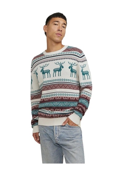 Jack & Jones Erkek Kazak 12248145 Jjxmas Snowball Knıt Bej