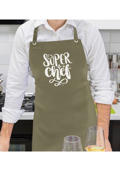 BK Gift Profesyonel Super Chef Tasarımlı Haki Yeşil Mutfak Önlüğü