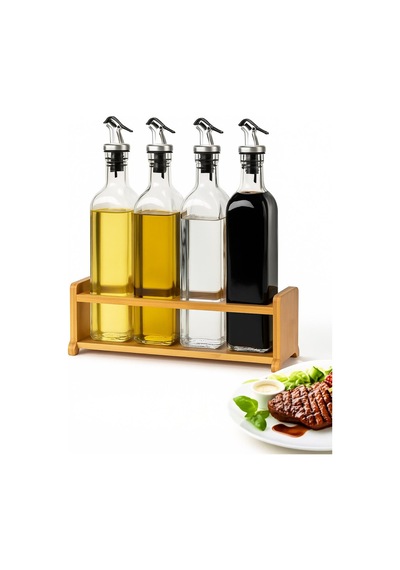Cam Zeytinyağı Ve Sirke Şişesi Seti Doğa Ahşap Tutucu 250ml Sızdırmaz Kapaklı Sos Yağdanlık Set Standlı 4'lü Set Ahşap