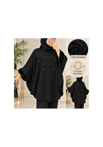 Genel Markalar Novea Scarf Çiçek İşlemeli Kürklü Triko Panço Siyah - 936043526 Siyah