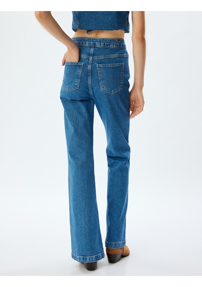 Koton İspanyol Paça Kot Pantolon Yüksek Bel Slim Fit Düğme Detaylı - Flare Jeans Orta İndigo 5wal40152md İndigo