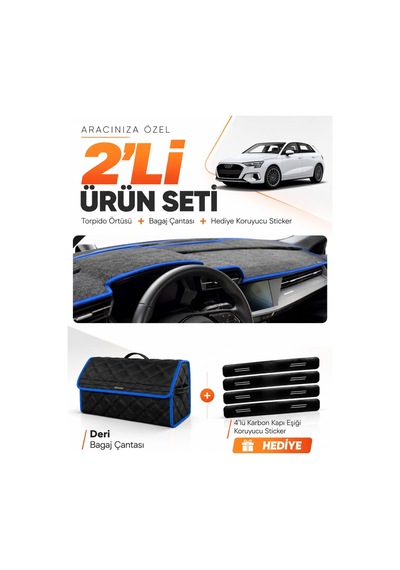 Audi A3 2020-2026 Uyumlu Torpido Örtüsü + Deri Bagaj Çantası + Sticker Seti - Siyah Mavi