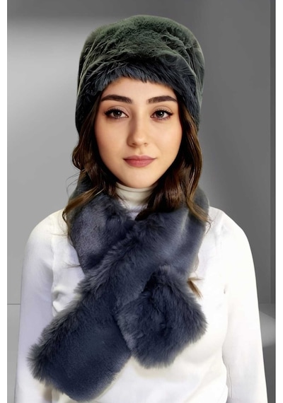 Tezzgelsin Kadın Vegan Kürk Kalpak-atkı Set Füme