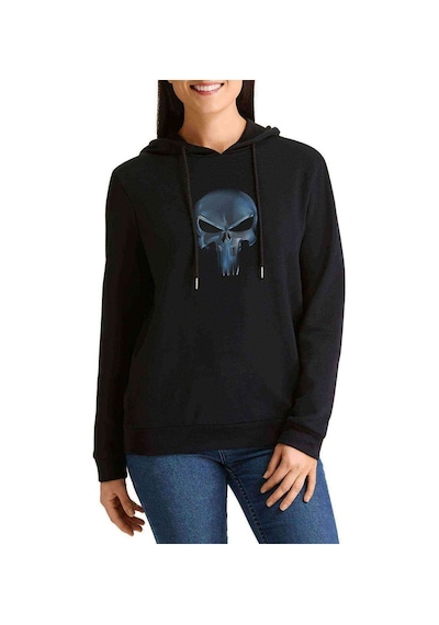 Cool 3D Skull Baskılı Siyah Kadın Kapşonlu Sweashirt