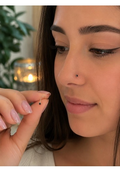 925 Ayar Gümüş Siyah Taşlı Burun Hızması Piercing Minimal L Şekilli Unisex Nose Stud Gri