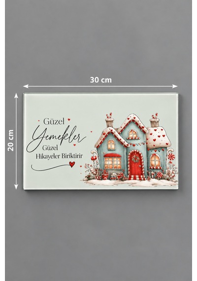 Gökçeoğlu Cam Kesme Tahtası Gingerbread Ev Yılbaşı Temalı - Cam Kesme Tablası 20cm X 30cm Çok Renkli