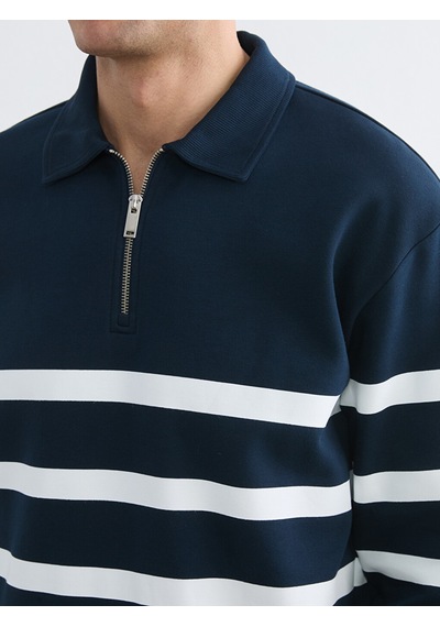 Lcw Vision Lacivert Polo Yaka Çizgili Erkek Kalın Sweatshirt